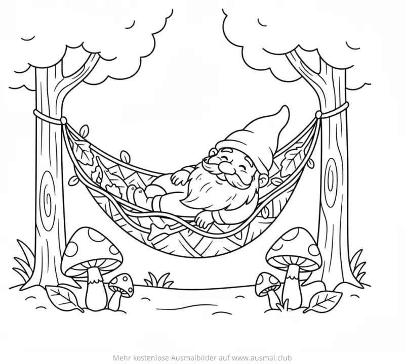 Gnom schläft in Hängematte Ausmalbild