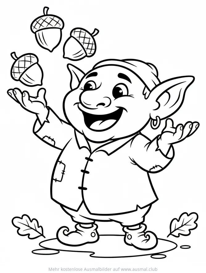 Kobold jongliert mit Eicheln Ausmalbild
