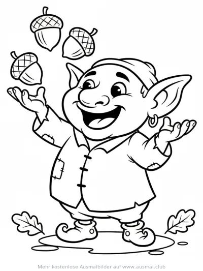 Kobold jongliert mit Eicheln Ausmalbild