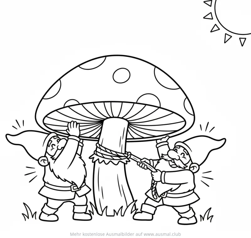 Zwerge reparieren Pilz mit Seil Ausmalbild