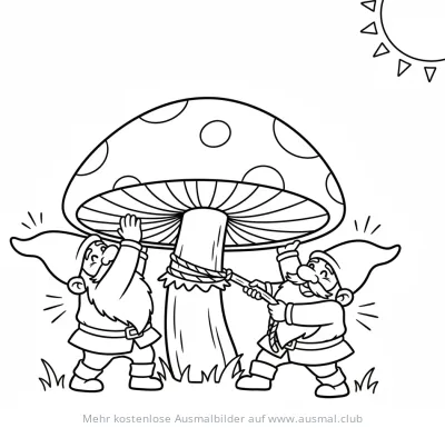 Zwerge reparieren Pilz mit Seil Ausmalbild