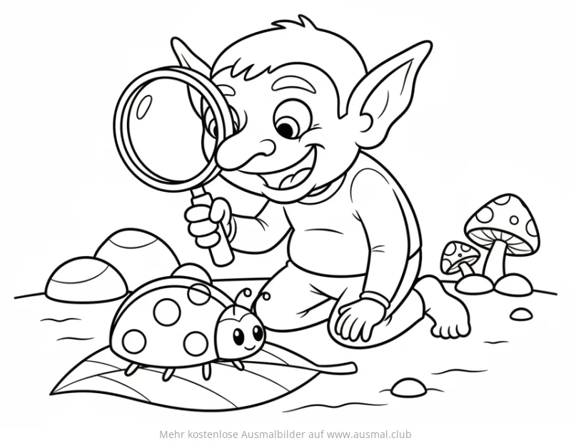 Kobold untersucht Marienkäfer mit Lupe Ausmalbild