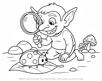 Kobold untersucht Marienkäfer mit Lupe Ausmalbild