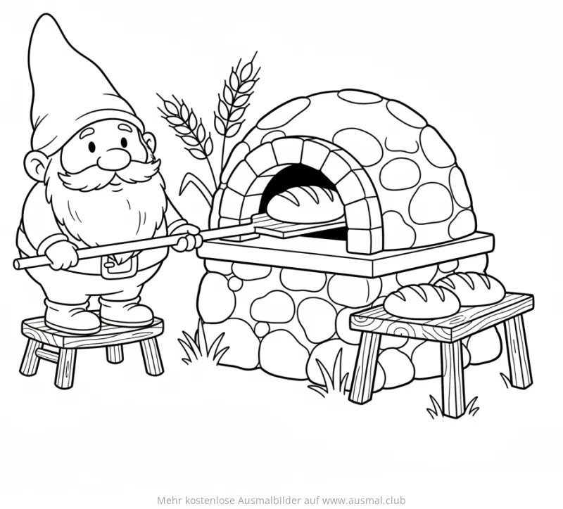 Gnom schiebt Brot in Steinofen Ausmalbild