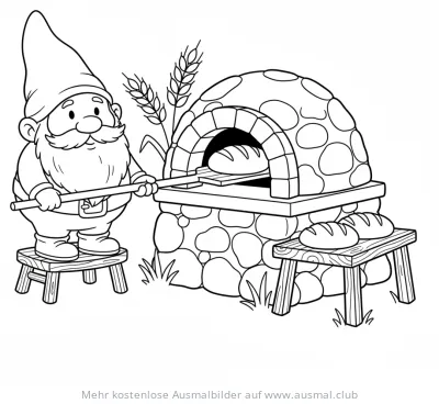 Gnom schiebt Brot in Steinofen Ausmalbild