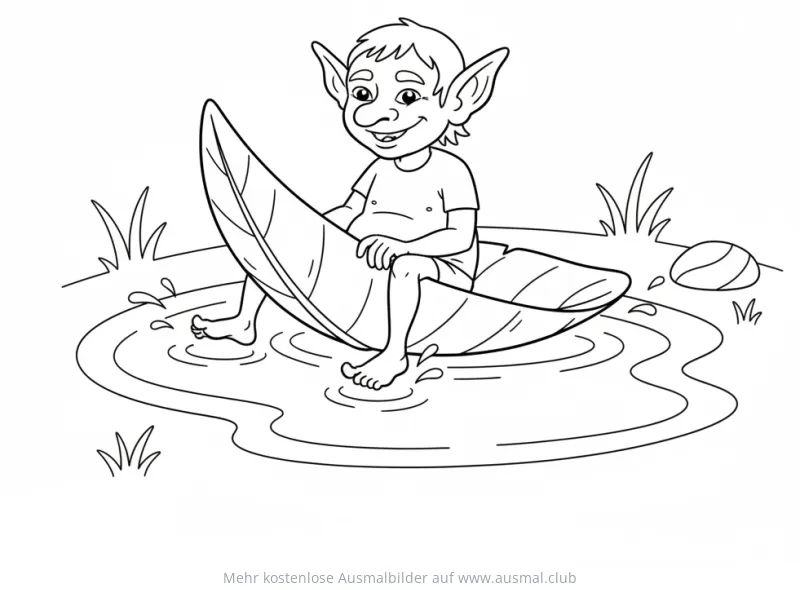 Kobold fährt mit einem Blatt als Boot in einem Tümpel Ausmalbild