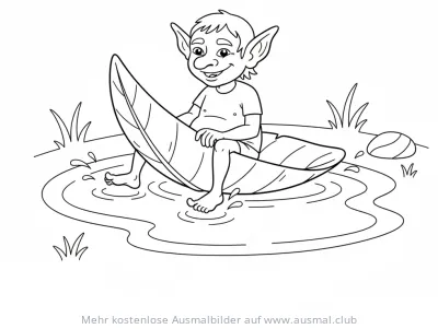 Kobold fährt mit einem Blatt als Boot in einem Tümpel Ausmalbild