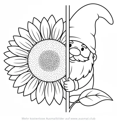 Gnom versteckt sich hinter Sonnenblume Ausmalbild