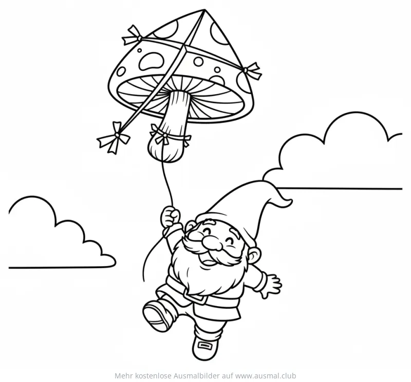 Gnom fliegt mit Pilz-Drachen Ausmalbild