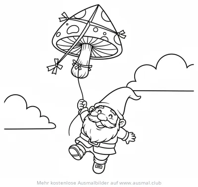 Gnom fliegt mit Pilz-Drachen Ausmalbild