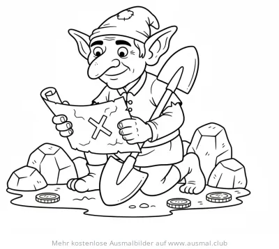 Kobold mit Schatzkarte und Schaufel Ausmalbild