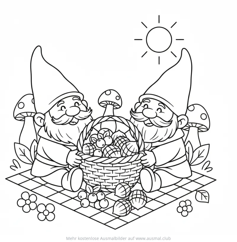 Zwei Zwerge mit Korb voller Nüsse auf Picknickdecke Ausmalbild