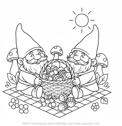 Zwei Zwerge mit Korb voller Nüsse auf Picknickdecke Ausmalbild