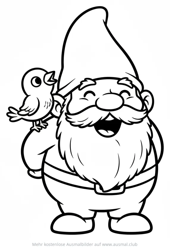 Gnom mit Zipfelmütze und singendem Vogel auf der Schulter Ausmalbild