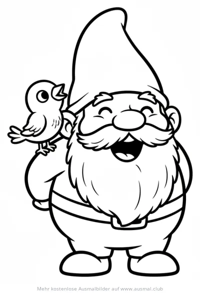 Gnom mit Zipfelmütze und singendem Vogel auf der Schulter Ausmalbild