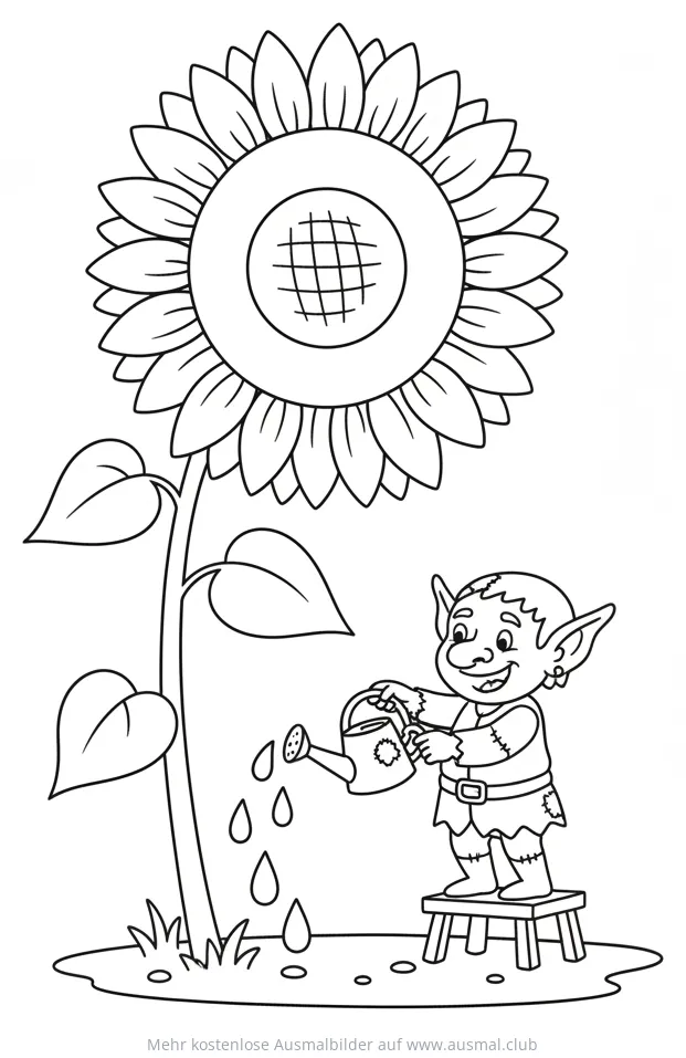 Kobold gießt Sonnenblume Ausmalbild