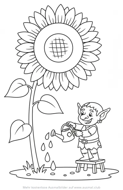 Kobold gießt Sonnenblume Ausmalbild