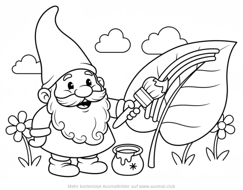 Gnom malt mit Pinsel einen Regenbogen auf ein Blatt Ausmalbild