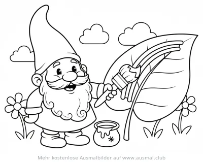 Gnom malt mit Pinsel einen Regenbogen auf ein Blatt Ausmalbild