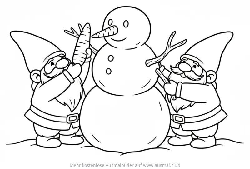Zwerge bauen einen Schneemann Ausmalbild