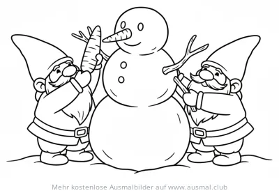Zwerge bauen einen Schneemann Ausmalbild