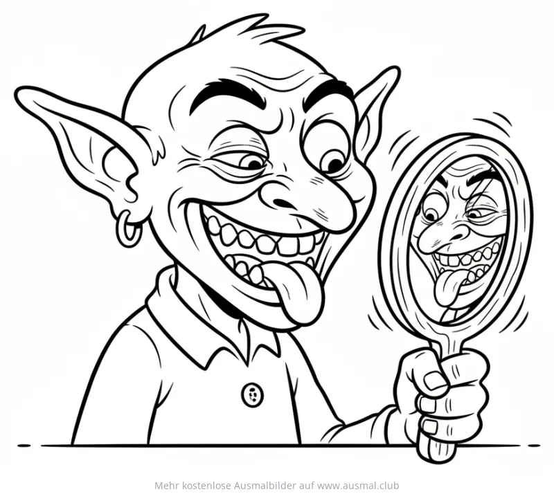 Kobold mit Grimasse im Spiegel Ausmalbild