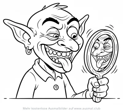 Kobold mit Grimasse im Spiegel Ausmalbild