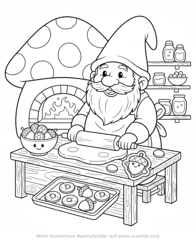 Gnom backt Kekse in Pilzküche Ausmalbild