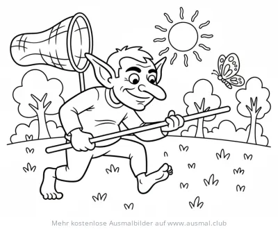 Kobold fängt Schmetterling mit Netz Ausmalbild