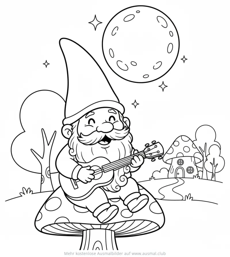 Gnom sitzt auf Fliegenpilz und spielt Ukulele Ausmalbild
