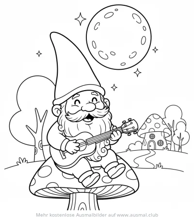 Gnom sitzt auf Fliegenpilz und spielt Ukulele Ausmalbild
