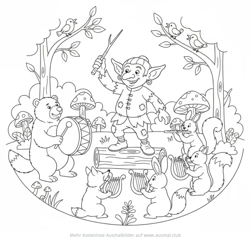 Kobold dirigiert tierisches Orchester Ausmalbild