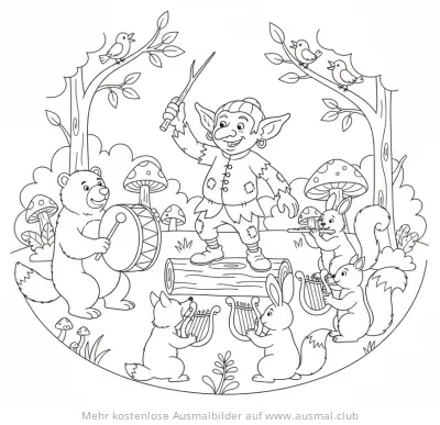 Kobold dirigiert tierisches Orchester Ausmalbild