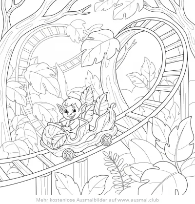 Kobold fährt mit Blatt-Achterbahn durch den Wald Ausmalbild