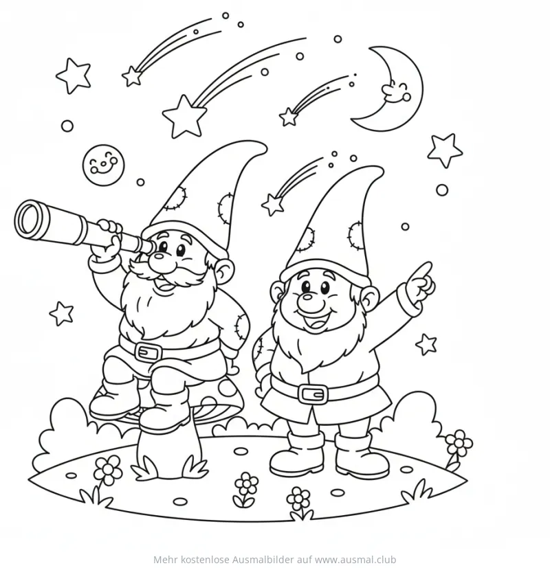 Zwei Zwerge beobachten Sternschnuppen Ausmalbild