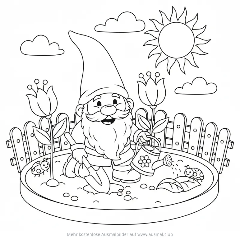 Gnom sät Blumen im Garten Ausmalbild