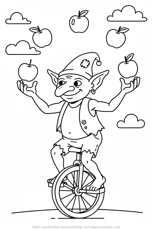 Kobold jongliert mit Äpfeln auf einem Einrad Ausmalbild