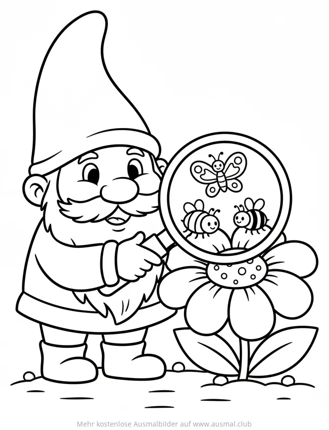 Gnom mit Lupe, Schmetterling und Bienen auf Blume Ausmalbild