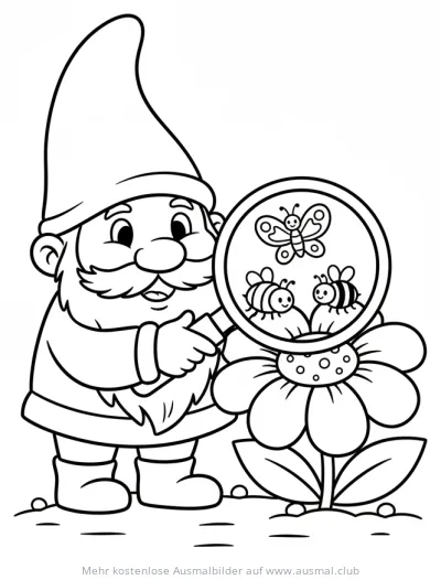Gnom mit Lupe, Schmetterling und Bienen auf Blume Ausmalbild